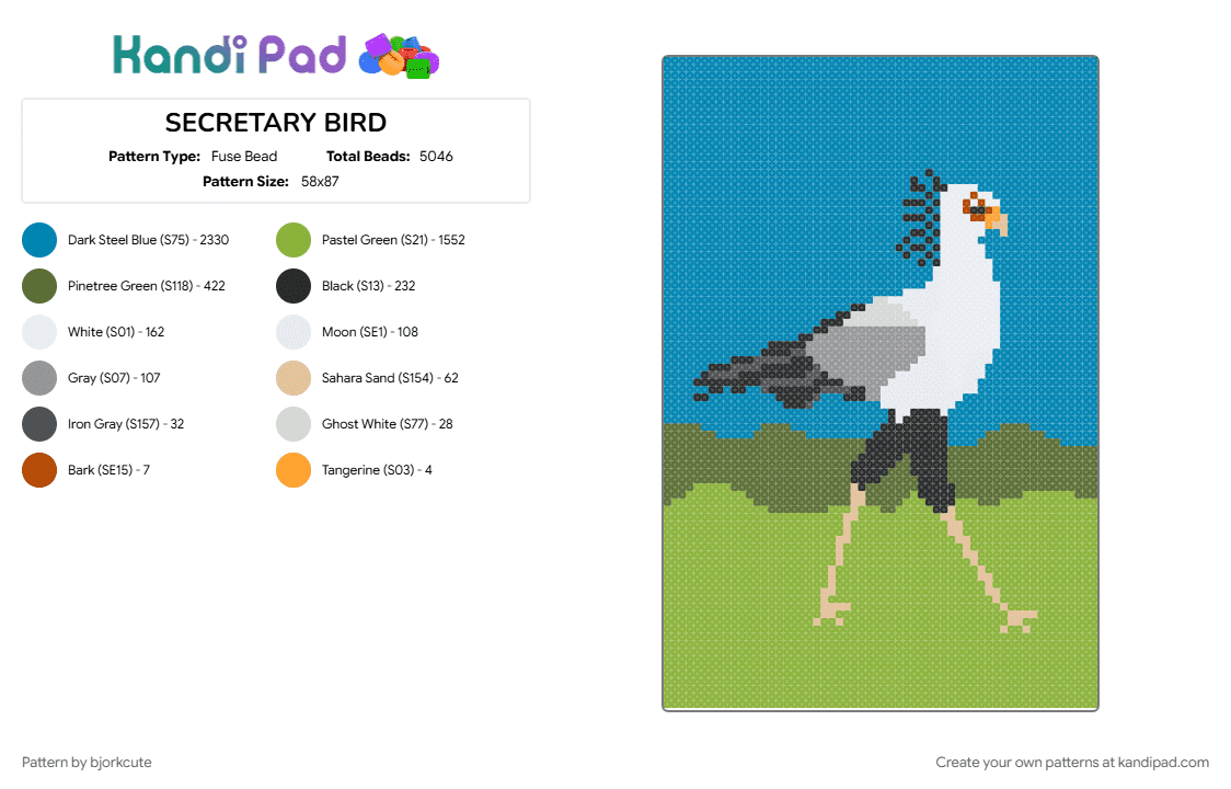 SECRETARY BIRD - Fuse Bead Pattern by bjorkcute on Kandi Pad - animal, bird, cotdbirds, green, light blue