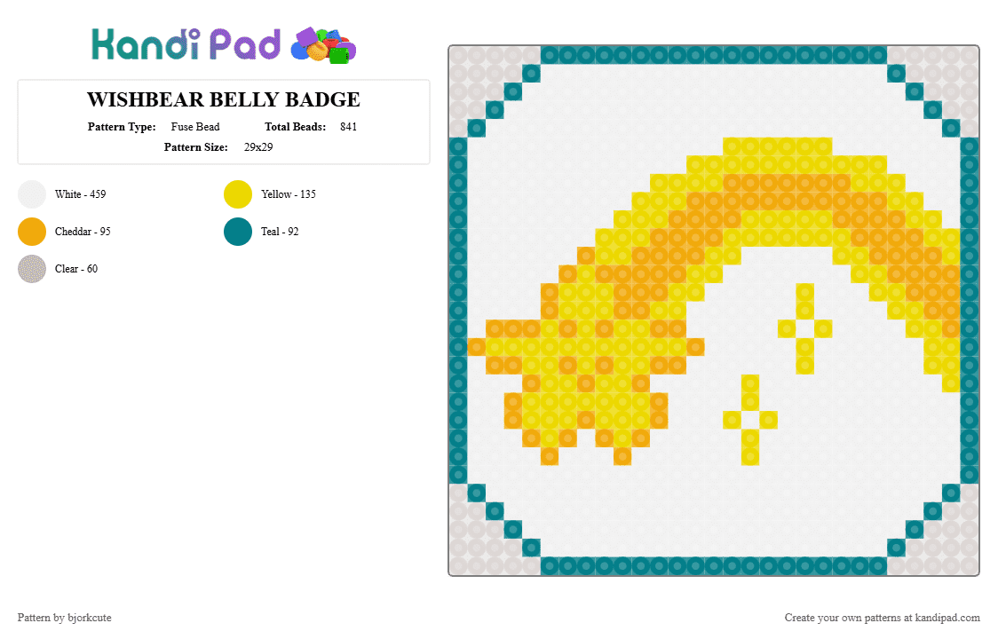 WISH BEAR BELLY BADGE - Fuse Bead Pattern by bjorkcute on Kandi Pad - carebear, cute, orange, teal, white, yellow