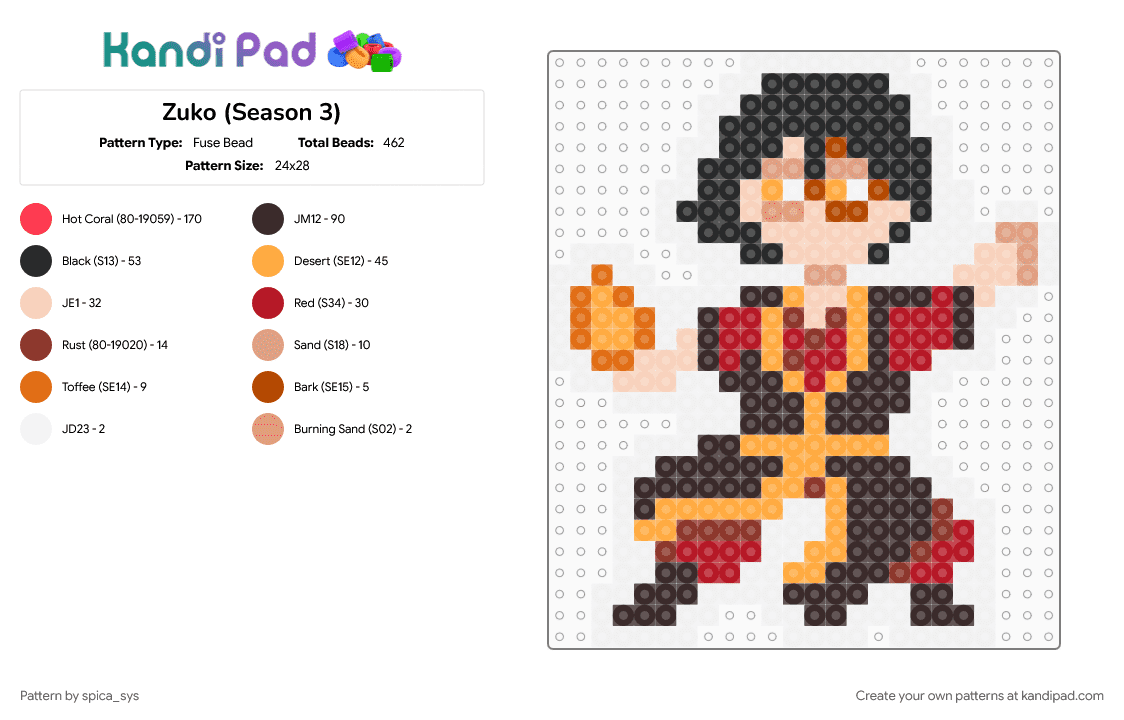Zuko (Season 3) - Fuse Bead Pattern by spica_sys on Kandi Pad - anime, atla, avatar the last airbender, brown, character, keychain, orange