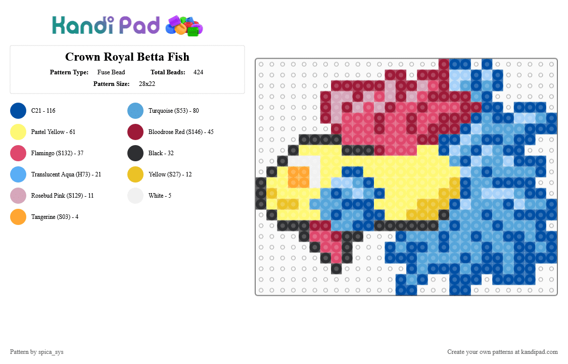 Crown Royal Betta Fish - Fuse Bead Pattern by spica_sys on Kandi Pad - animals, blue, cute, fish, light blue, nature, pink, red, yellow