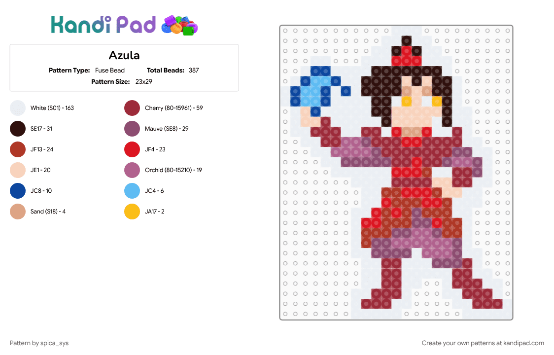 Azula - Fuse Bead Pattern by spica_sys on Kandi Pad - anime, atla, avatar the last airbender, brown, character, keychain, pink, red, white