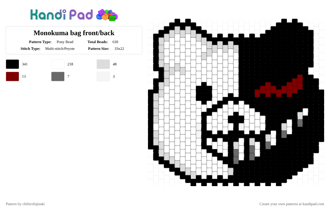 Monokuma bag front/back - Pony Bead Pattern by chihirofujisaki on Kandi Pad - black,white,brown,gray