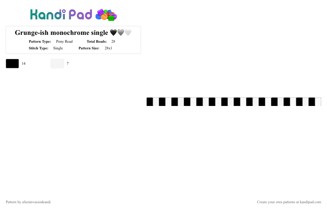 Grunge-ish monochrome single 🖤🩶🤍 - Pony Bead Pattern by alieninvasionkandi on Kandi Pad - black, grunge, monochrome, single, white