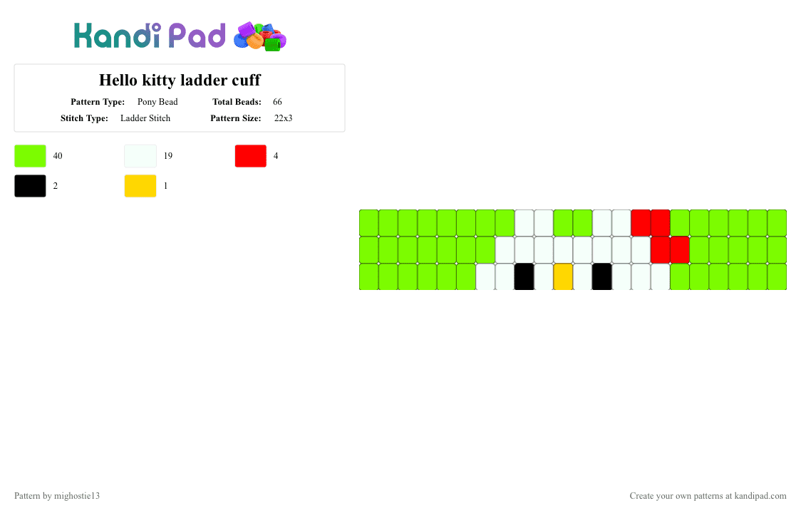 Hello kitty ladder cuff - Pony Bead Pattern by mighostie13 on Kandi Pad - green,hello kitty,sanrio,ladder,ladder cuff,scene,decora,kawaii