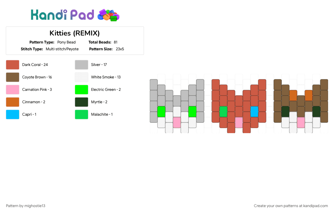 Kitties (REMIX) - Pony Bead Pattern by mighostie13 on Kandi Pad - animal, animals, beige, cat, cats, cute, mini, playful, red, tan