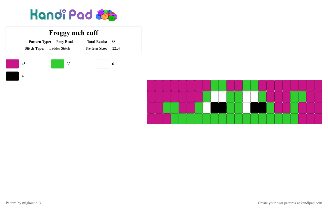 Froggy meh cuff - Pony Bead Pattern by mighostie13 on Kandi Pad - animals, cuff, frog, green, kandi, kandikid, ladder, ladder stitch, pink, scene
