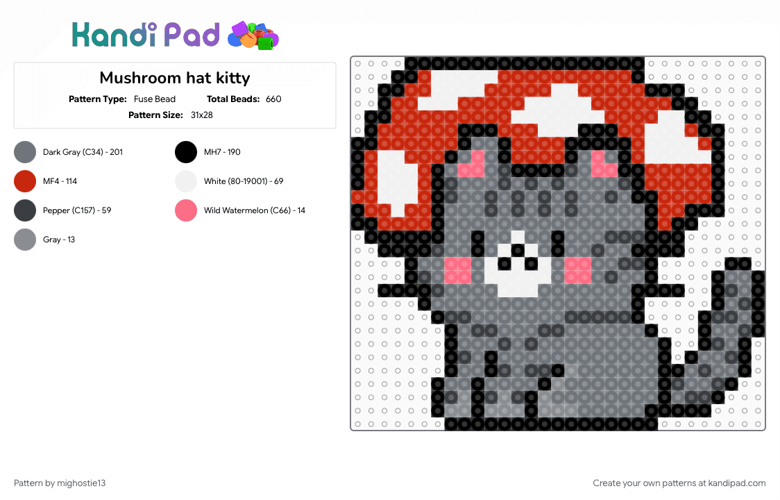 Mushroom hat kitty - Fuse Bead Pattern by mighostie13 on Kandi Pad - gray, red