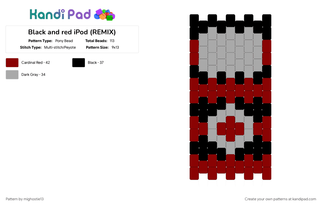 Black and red iPod (REMIX) - Pony Bead Pattern by mighostie13 on Kandi Pad - beige, cotdheadphones, red