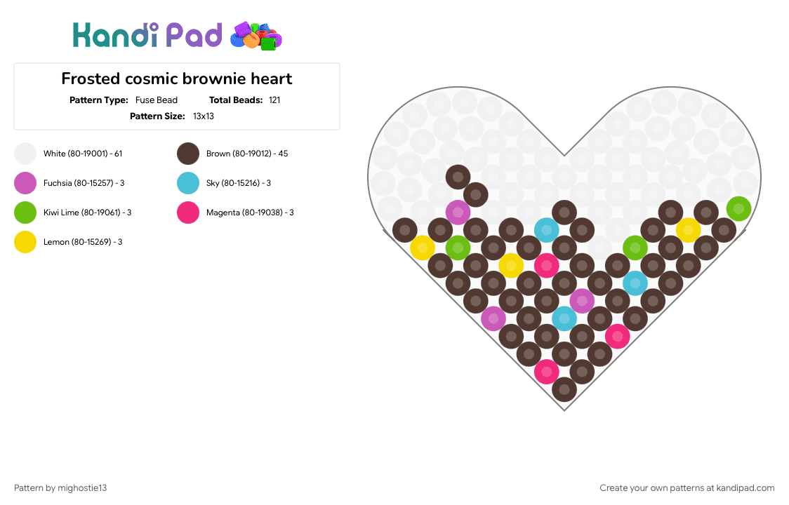 Frosted cosmic brownie heart - Fuse Bead Pattern by mighostie13 on Kandi Pad - brown, colorful, cosmic brownie, heart, hearts, kawaii, perler, perler bead, scene, white