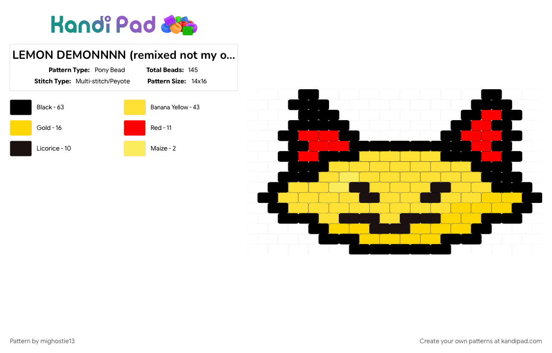 LEMON DEMONNNN (remixed not my original!) - Pony Bead Pattern by mighostie13 on Kandi Pad - charms, emo, kandi charm, kandikid, lemon, lemon demon, music, scene, yellow