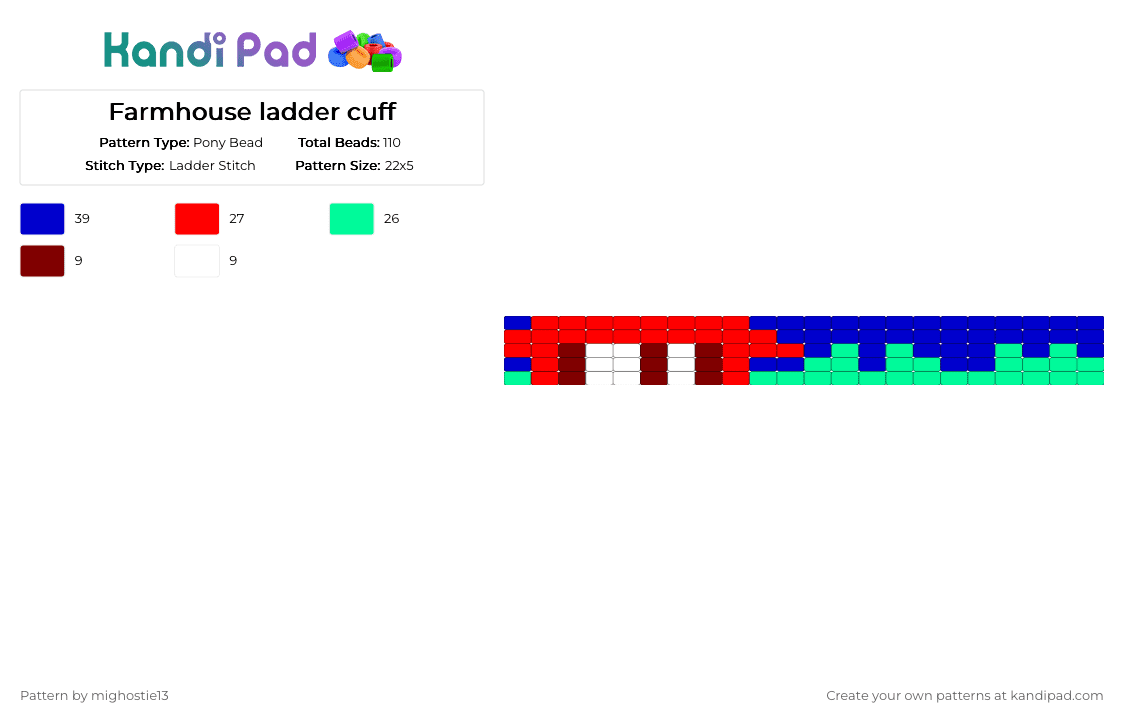 Farmhouse ladder cuff - Pony Bead Pattern by mighostie13 on Kandi Pad - challenge, cotd, cotdfarming2026, cuff, farm, farming, kandi, ladderstitch, purple, red, teal