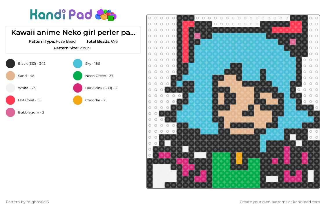 Kawaii anime Neko girl perler pattern - Fuse Bead Pattern by mighostie13 on Kandi Pad - anime, cotdanime, furry, kawaii, kitty, manga, neko, perler