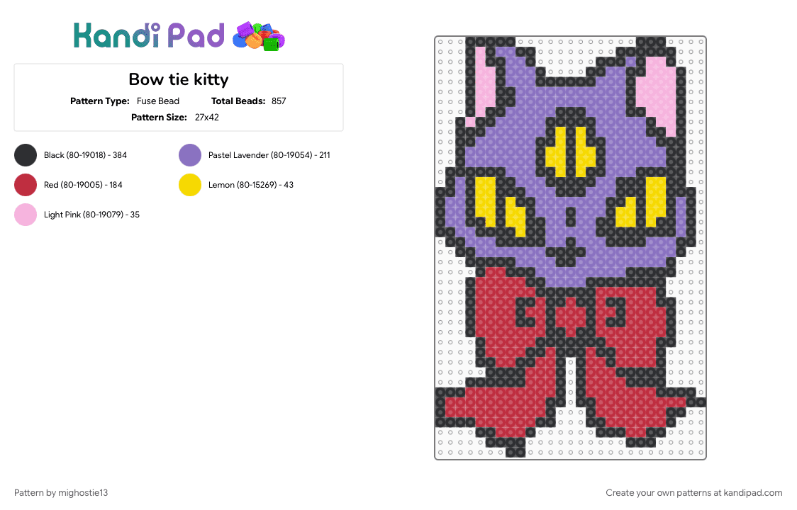 Bow tie kitty - Fuse Bead Pattern by mighostie13 on Kandi Pad - blue, bowtie, cats, cotdcats, emo, goth, perler bead, red, scene, scenecore