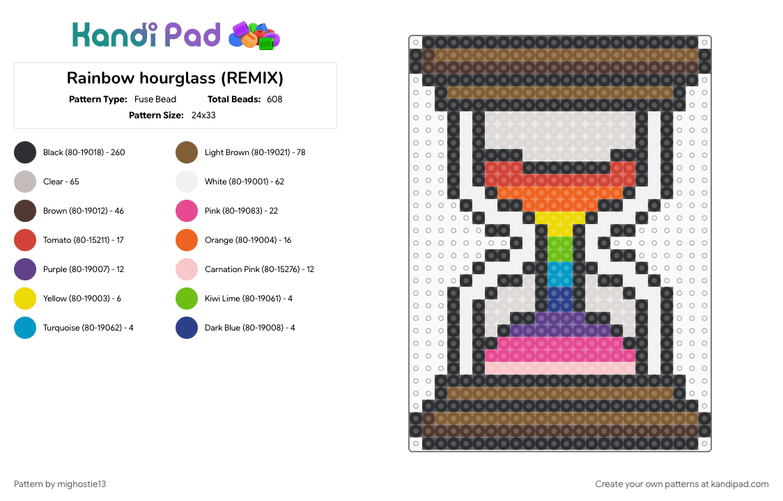 Rainbow hourglass (REMIX) - Fuse Bead Pattern by mighostie13 on Kandi Pad - beige, black, brown, colorful, tan