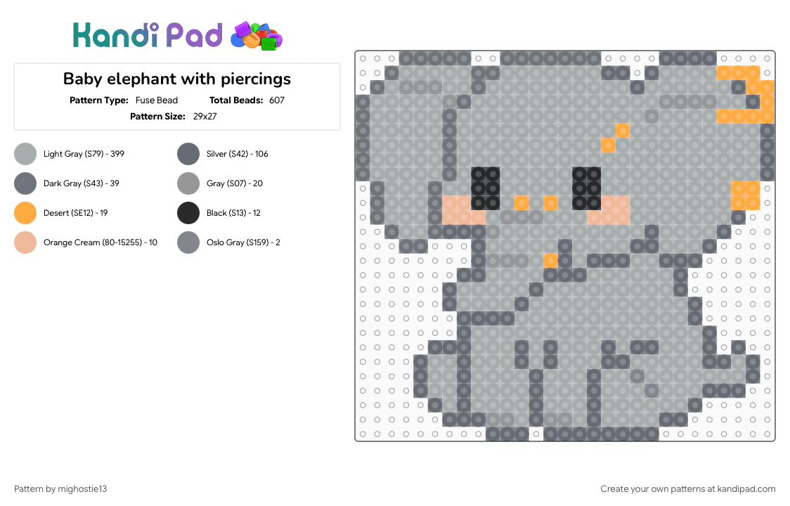 Baby elephant with piercings - Fuse Bead Pattern by mighostie13 on Kandi Pad - charm, cute, elephant, gray, kawaii, perler, perler beads, piercings, small
