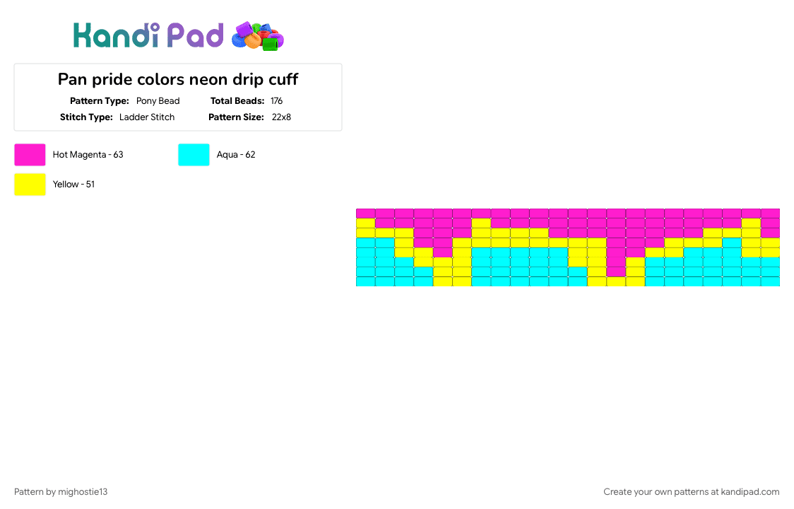 Pan pride colors neon drip cuff - Pony Bead Pattern by mighostie13 on Kandi Pad - cuff base, cuffs, drip, drippy, kandi cuff, light blue, neon, pan, pansexual, pink