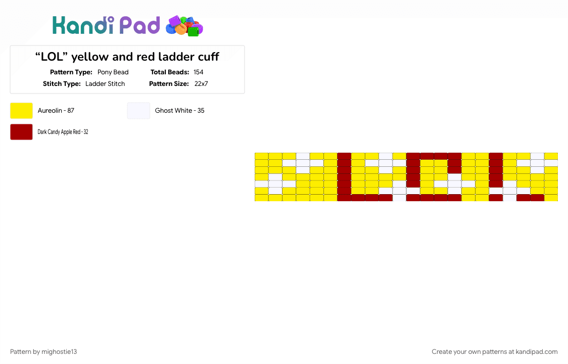 “LOL” yellow and red ladder cuff - Pony Bead Pattern by mighostie13 on Kandi Pad - cotdlettering, ladder stitch, letter, lol, red, scene, words, yellow