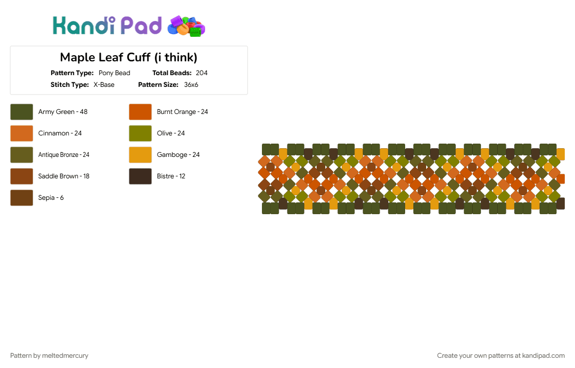 Maple Leaf Cuff (i think) - Pony Bead Pattern by meltedmercury on Kandi Pad - autumn, fall, leaf, orange, red, tan