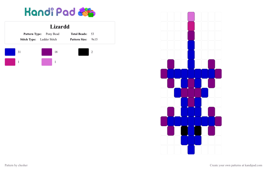 Lizardd - Pony Bead Pattern by chesher on Kandi Pad - animals, charm, lizard, pink, purple
