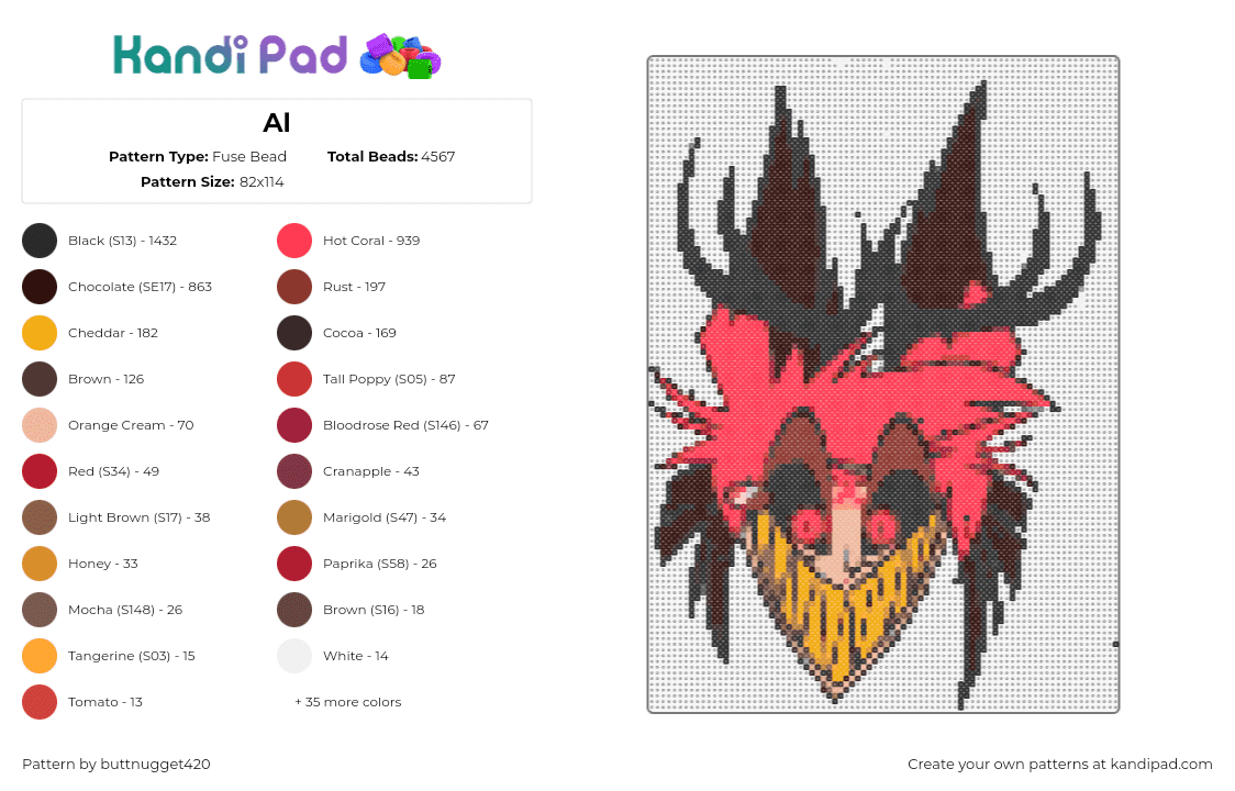 Al - Fuse Bead Pattern by buttnugget420 on Kandi Pad - alastor,hazbin hotel,demon,character,tv show,creepy,red,yellow