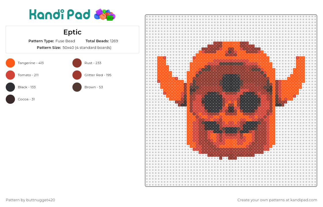 Eptic - Fuse Bead Pattern by buttnugget420 on Kandi Pad - eptic,skull,dj,spooky,horror,music,edm,horns,orange