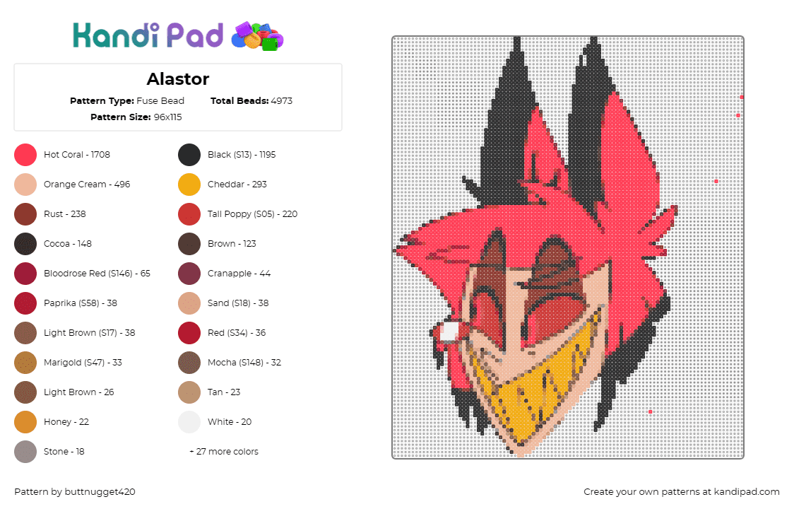 Alastor - Fuse Bead Pattern by buttnugget420 on Kandi Pad - alastor,hazbin hotel,demon,character,tv show,creepy,red,yellow