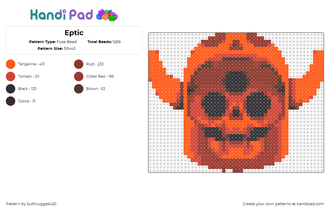 Eptic - Fuse Bead Pattern by buttnugget420 on Kandi Pad - eptic,skull,dj,spooky,horror,music,edm,horns,orange