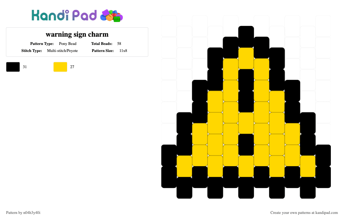 warning sign charm - Pony Bead Pattern by n04h3y40i on Kandi Pad - black, charm, yellow