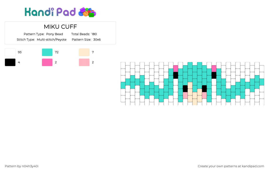 MIKU CUFF - Pony Bead Pattern by n04h3y40i on Kandi Pad - light blue, miku, teal, vocaloid, white