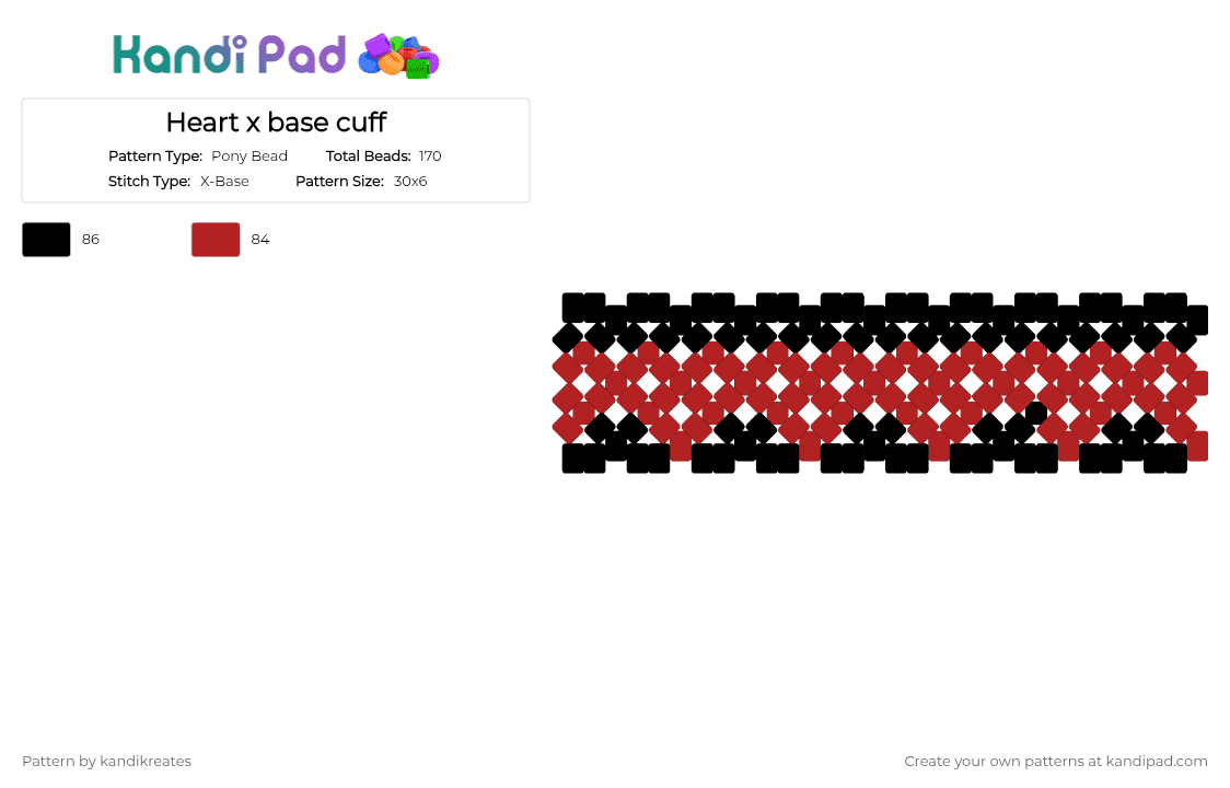 Heart x base cuff - Pony Bead Pattern by kandikreates on Kandi Pad - black, red