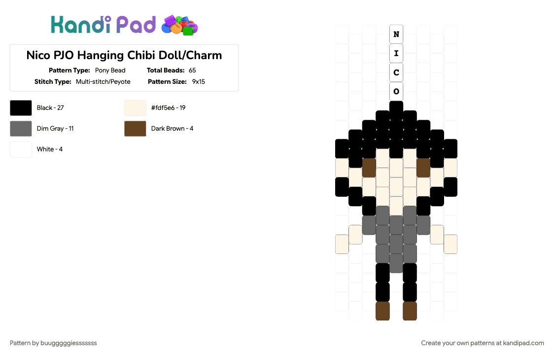 Nico PJO Hanging Chibi Doll/Charm - Pony Bead Pattern by buugggggiesssssss on Kandi Pad - brown, gray, white