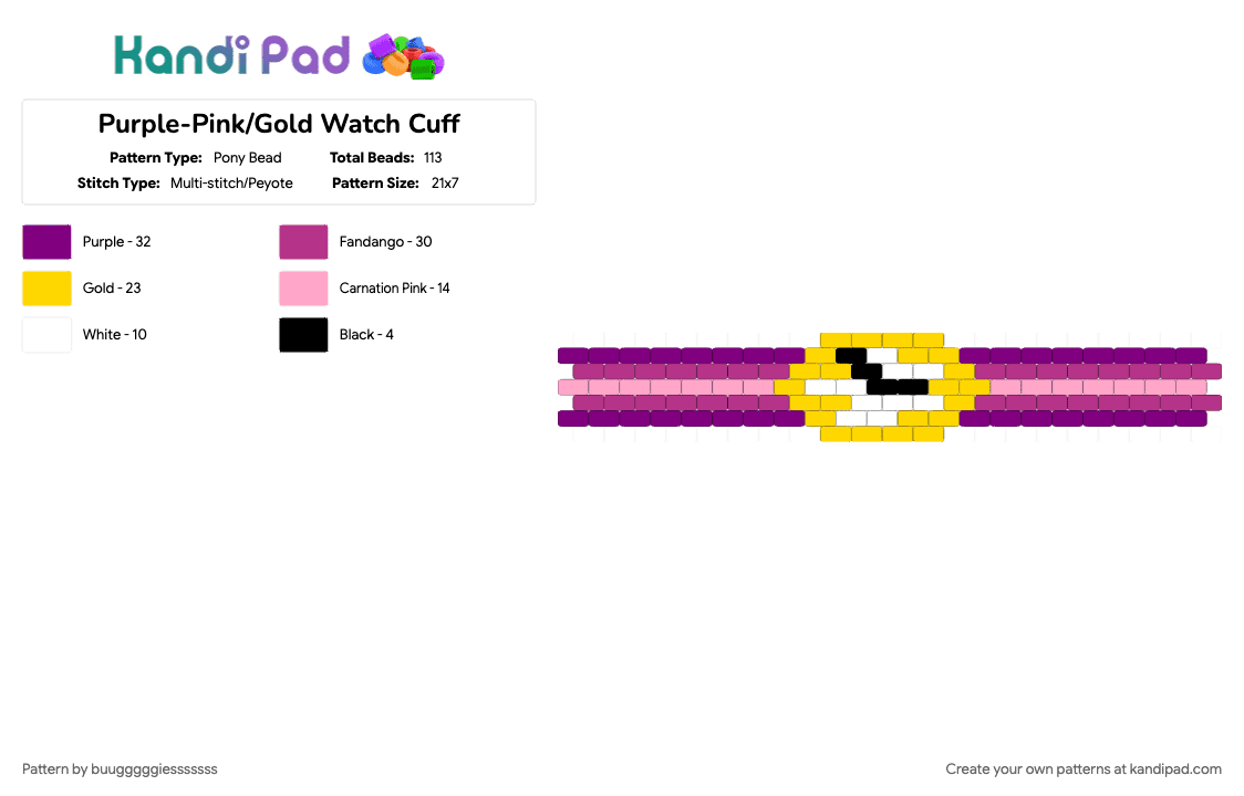 Purple-Pink/Gold Watch Cuff - Pony Bead Pattern by buugggggiesssssss on Kandi Pad - pink