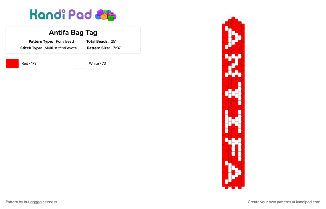 Antifa Bag Tag - Pony Bead Pattern by buugggggiesssssss on Kandi Pad - red, white