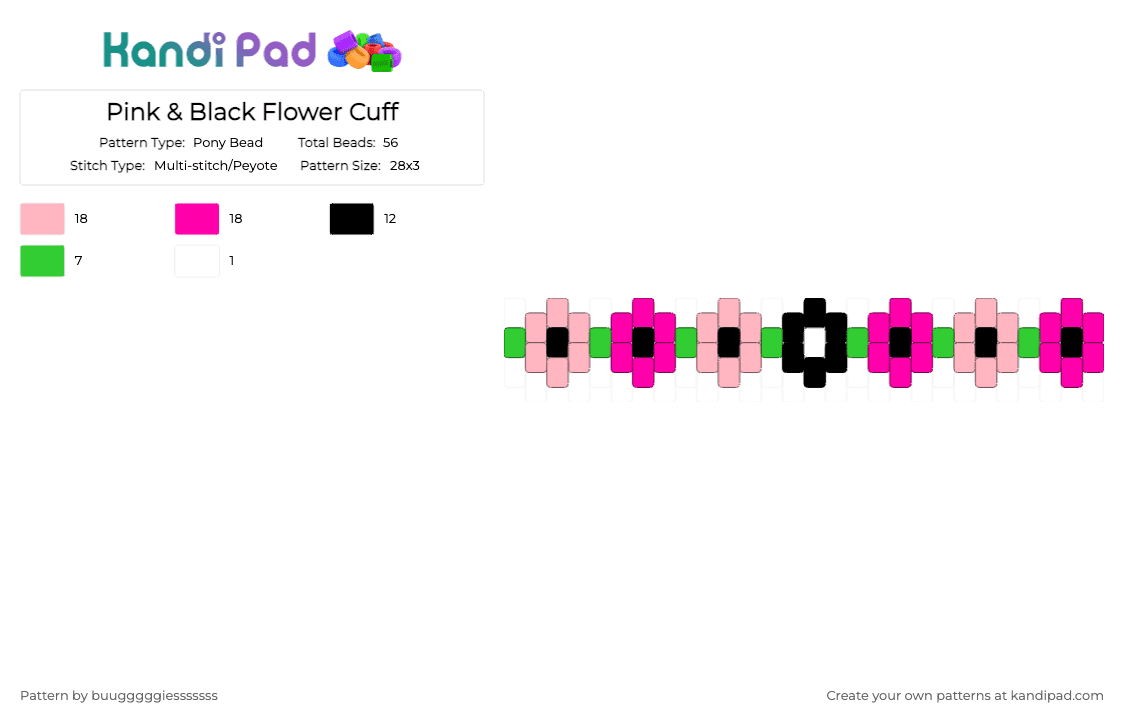 Pink & Black Flower Cuff - Pony Bead Pattern by buugggggiesssssss on Kandi Pad - pink