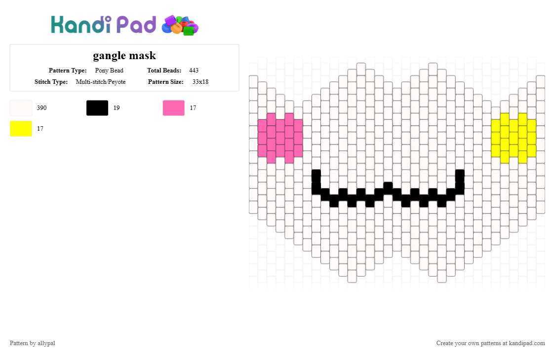gangle mask - Pony Bead Pattern by allypal on Kandi Pad - white,pink,yellow