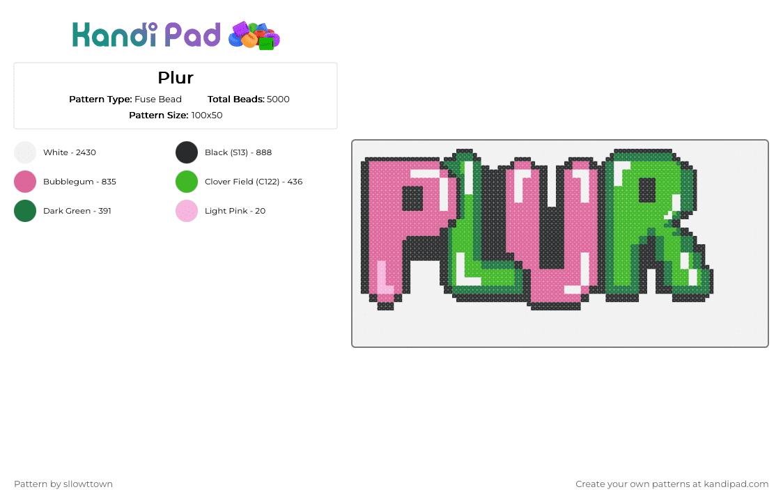 Plur - Fuse Bead Pattern by sllowttown on Kandi Pad - green, pink, white