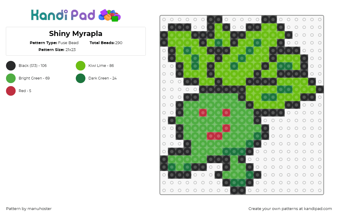 Shiny Myrapla - Fuse Bead Pattern by manuhoster on Kandi Pad - oddish,pokemon,character,anime,gaming,simple,green,cute