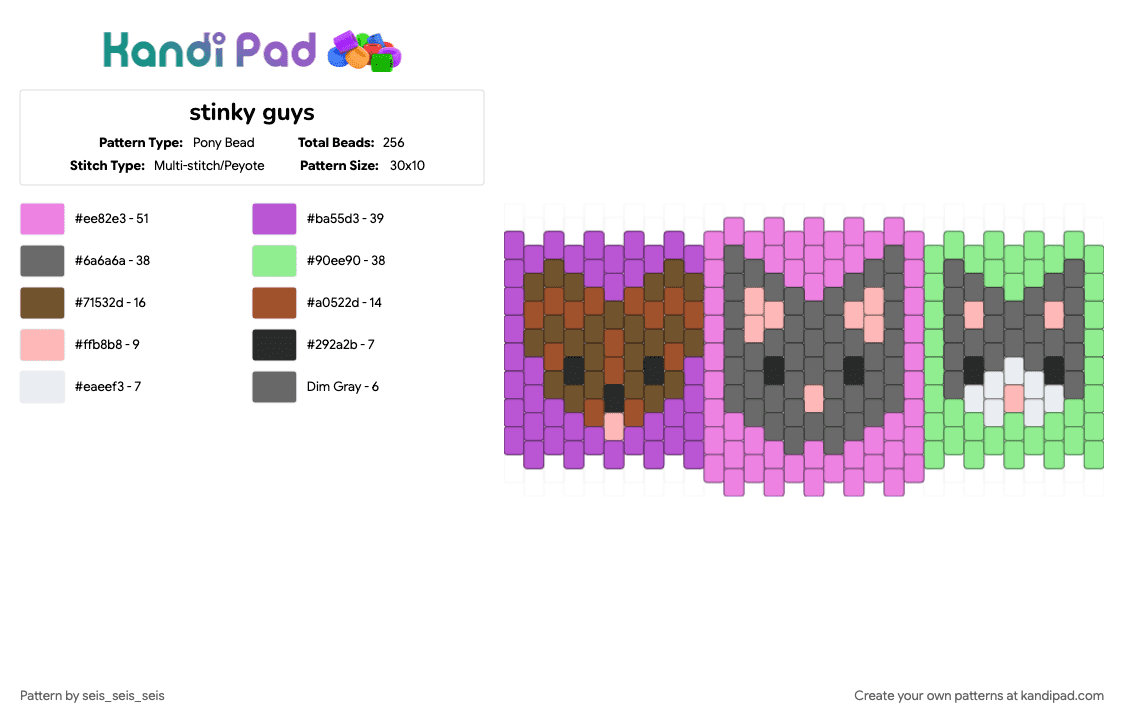 stinky guys - Pony Bead Pattern by seis_seis_seis on Kandi Pad - gray, pink, teal