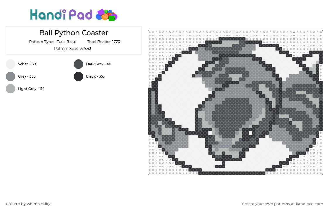 Ball Python Coaster - Fuse Bead Pattern by whimsicality on Kandi Pad - animal, ballpython, coaster, gray, pet, reptile, royalpython, snake