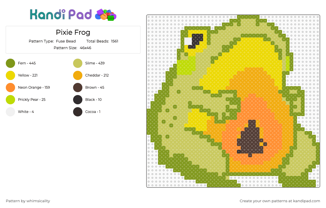 Pixie Frog - Fuse Bead Pattern by whimsicality on Kandi Pad - animal, bullfrog, frog, fruit, gold, green, orange, papaya, pet, pixiefrog, wildlife