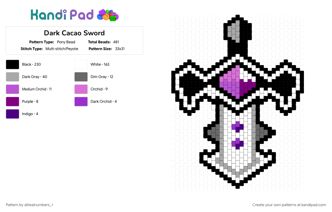 Dark Cacao Sword - Pony Bead Pattern by allrealnumbers_r on Kandi Pad - beige, black, pink, white