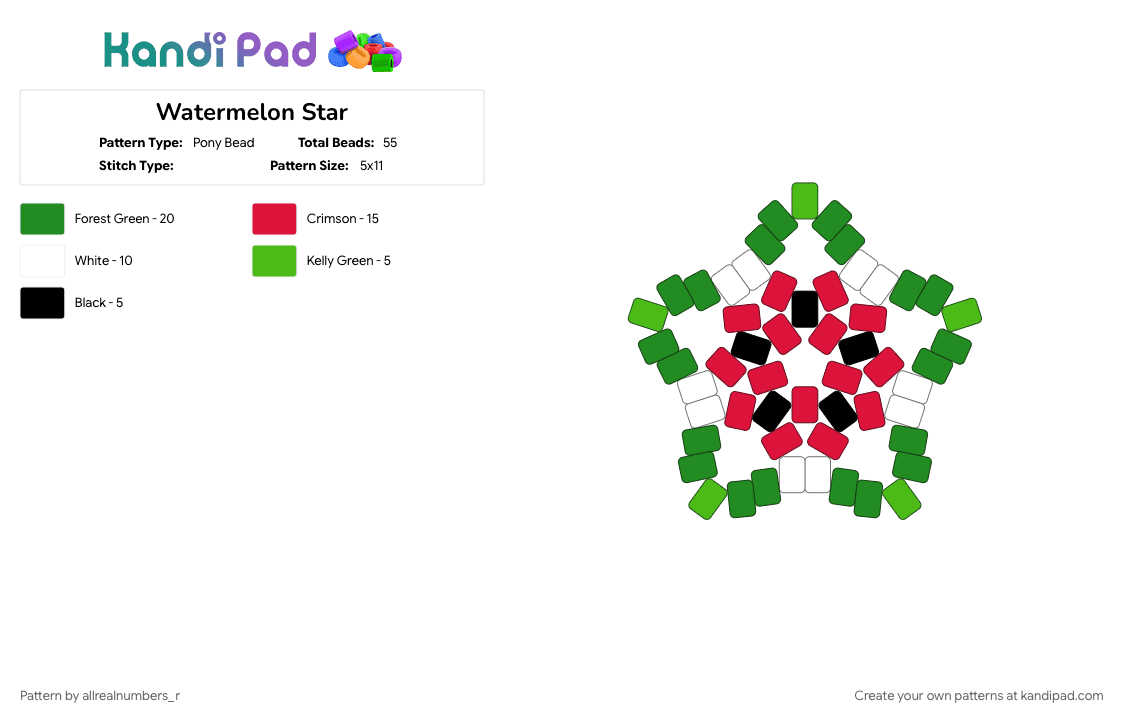 Watermelon Star - Pony Bead Pattern by allrealnumbers_r on Kandi Pad - fruit, green, nature, red, watermelon