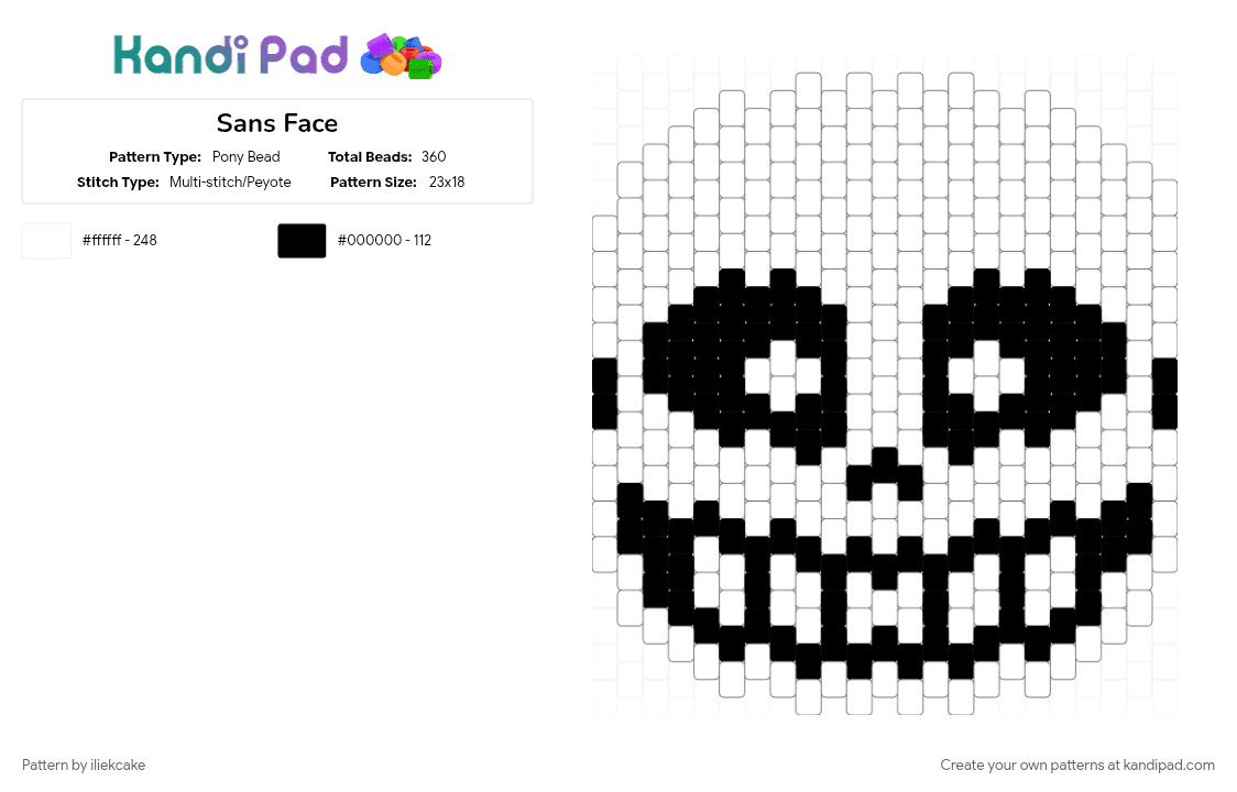 Sans Face - Pony Bead Pattern by iliekcake on Kandi Pad - black, character, deltarune, gaming, panel, sans, undertale, video game, white
