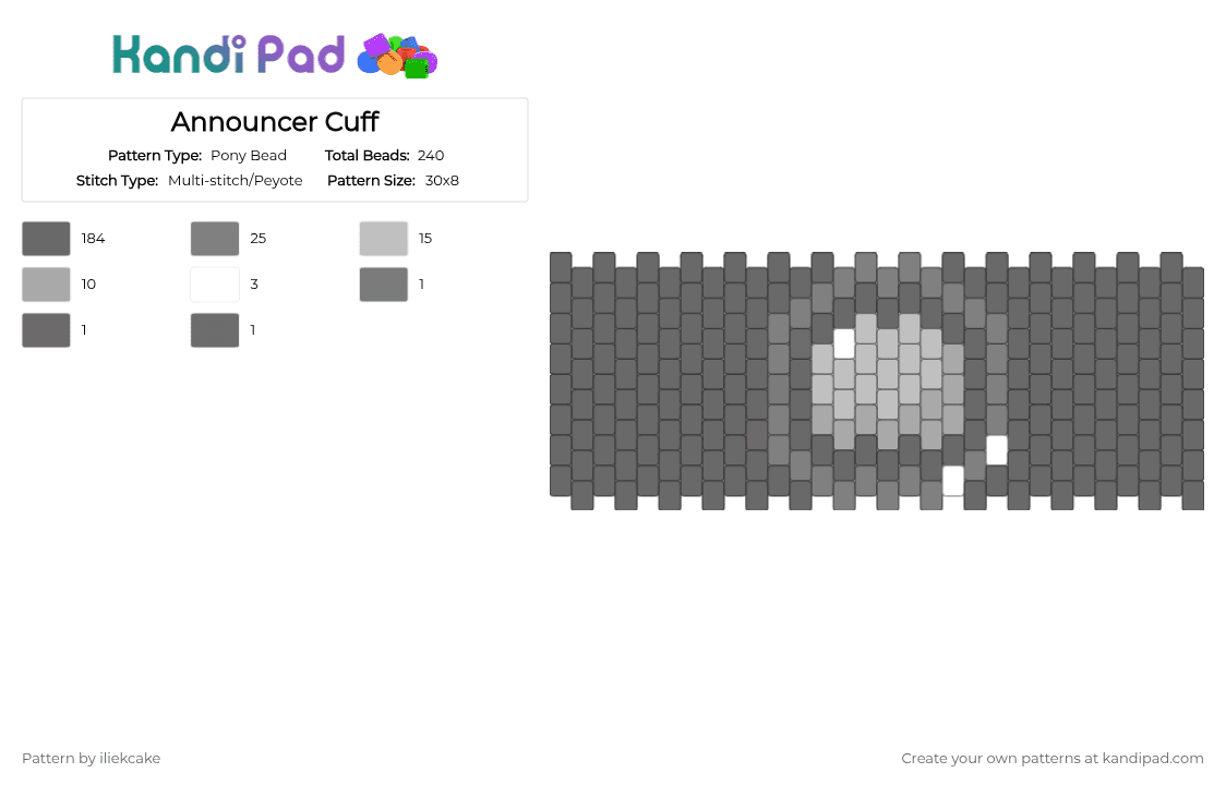 Announcer Cuff - Pony Bead Pattern by iliekcake on Kandi Pad - gray,bfdi,osc,battlefordreamisland,objectshow,objectshowcommunity