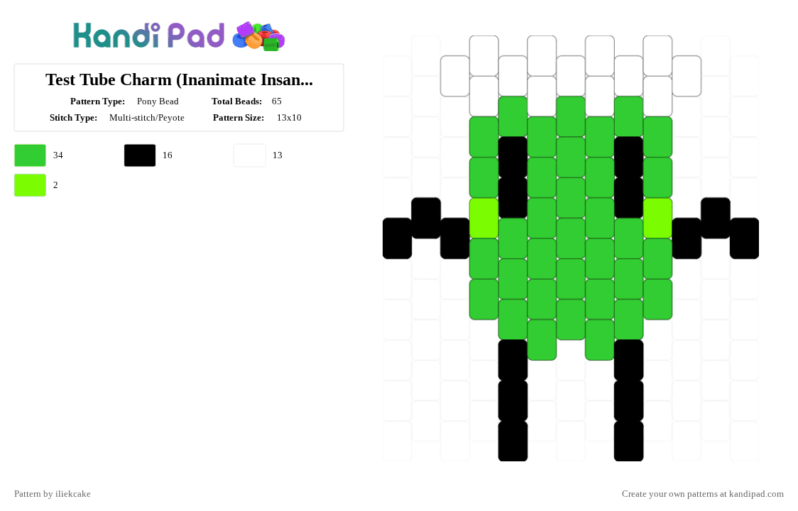 Test Tube Charm (Inanimate Insanity) - Pony Bead Pattern by iliekcake on Kandi Pad - green,white,charm,inanimateinsanity,ii,character,objectshow,osc