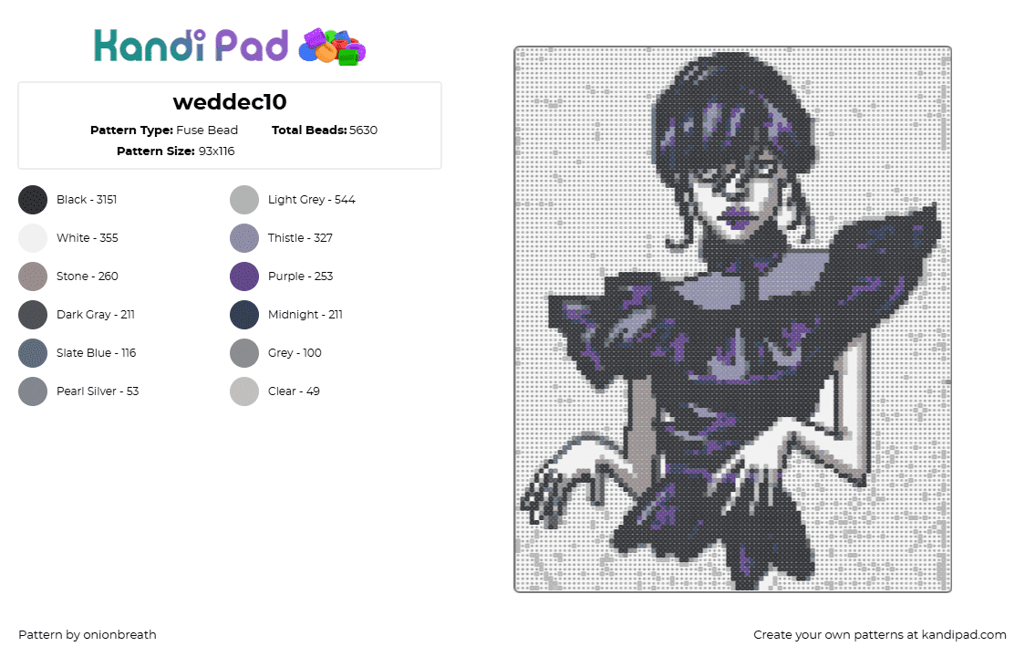 weddec10 - Fuse Bead Pattern by onionbreath on Kandi Pad - wednesday,addams family,character,dance,spooky,halloween,tv show,portrait,black,purple,gray