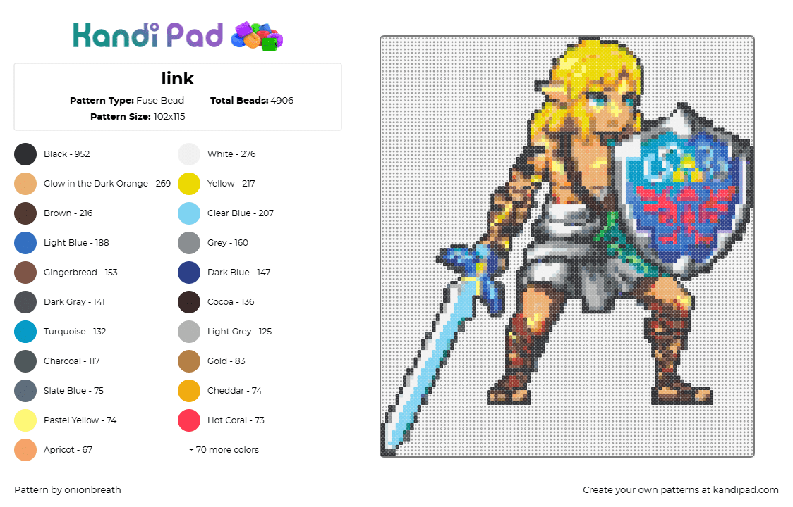 link - Fuse Bead Pattern by onionbreath on Kandi Pad - link,legend of zelda,hylian shield,sword,video game,character,light blue,tan,yellow