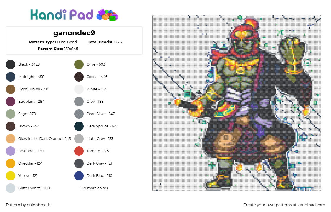 ganondec9 - Fuse Bead Pattern by onionbreath on Kandi Pad - ganondorf,legend of zelda,character,video game,green