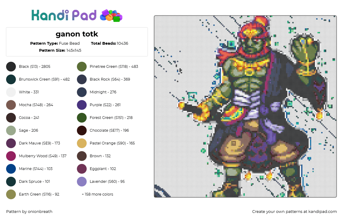 ganon totk - Fuse Bead Pattern by onionbreath on Kandi Pad - ganondorf,legend of zelda,character,video game,green,purple