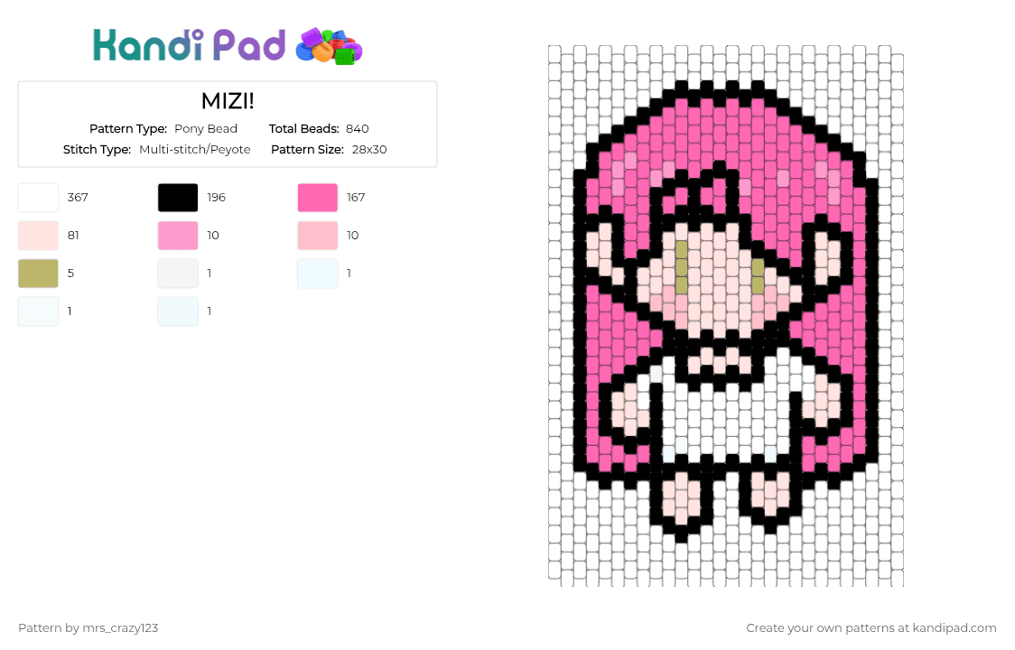 MIZI! - Pony Bead Pattern by mrs_crazy123 on Kandi Pad - pink, white